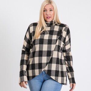 Buffalo Plaid Button Detail Cowl Neck Sweater Top